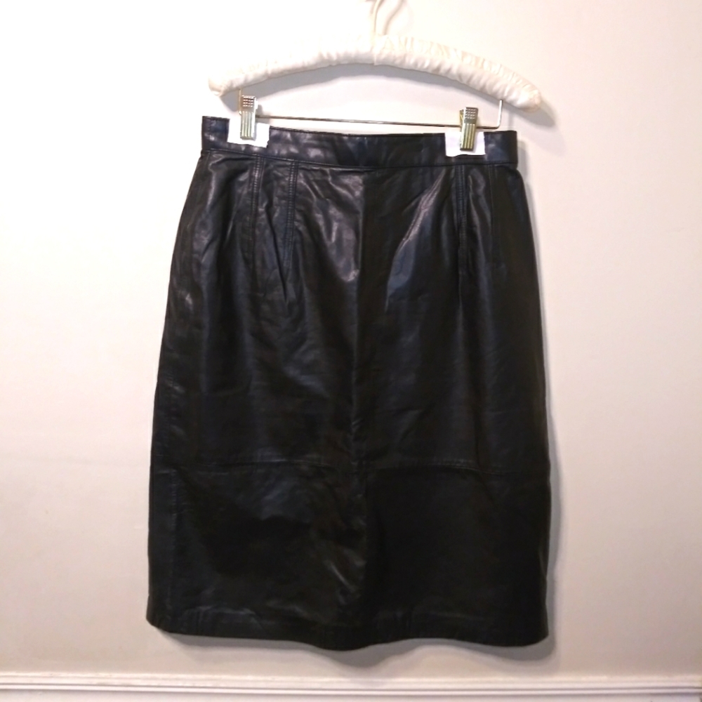 Vintage 1980-90's Evan Davies Black Leather Pencil Skirt
